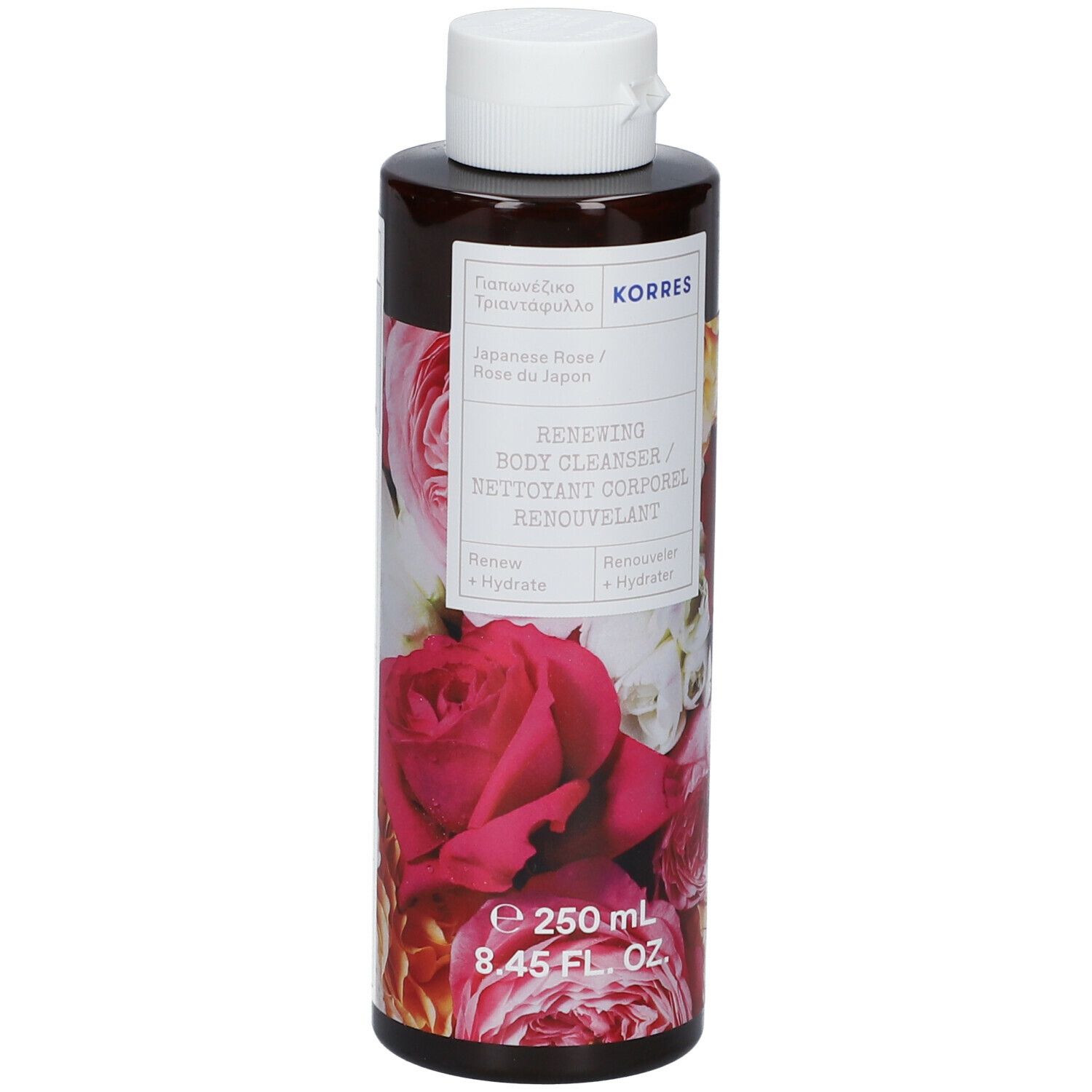 KORRES Renewing Body Cleanser, flacon avec motif floral. Bouchon blanc, flacon marron. 250 ml.
