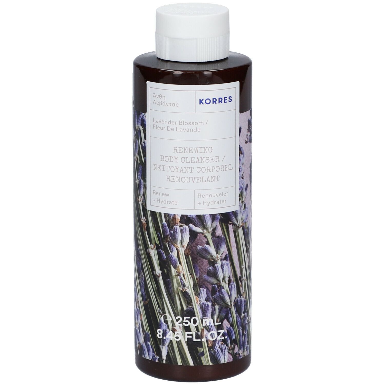 Flacon marron avec bouchon blanc. Étiquette avec nom du produit et illustration de lavande. Marque KORRES.