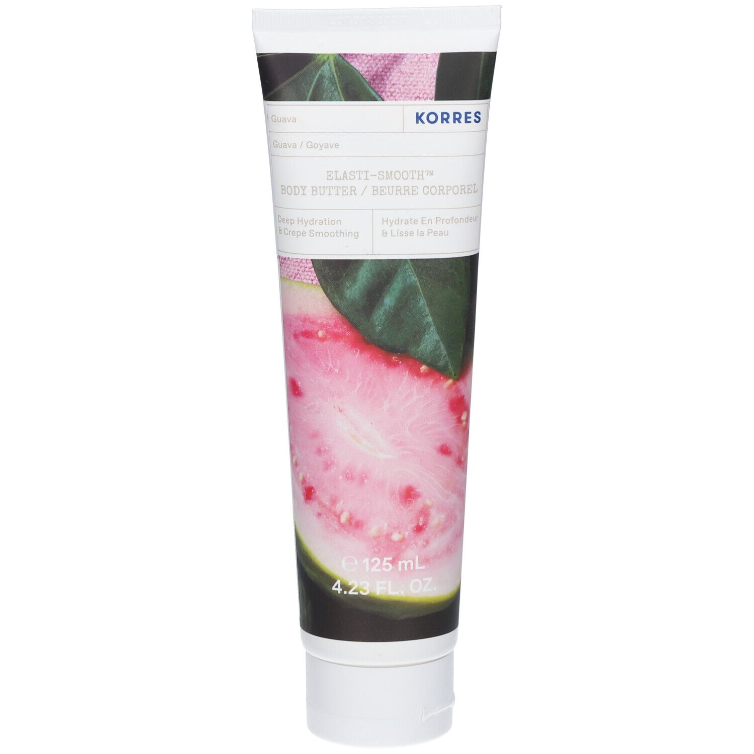 Tube de beurre corporel KORRES Elasti-Smooth, parfum goyave. Illustration de fruit. Contenance : 125 ml.