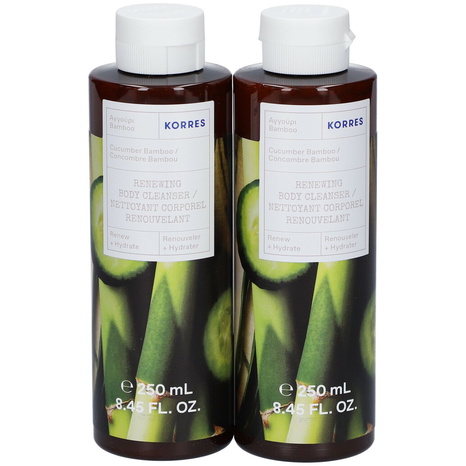 Deux flacons de nettoyant corporel avec bouchons blancs. Inscription : KORRES, Concombre & Bambou, Renewing Body Cleanser.
