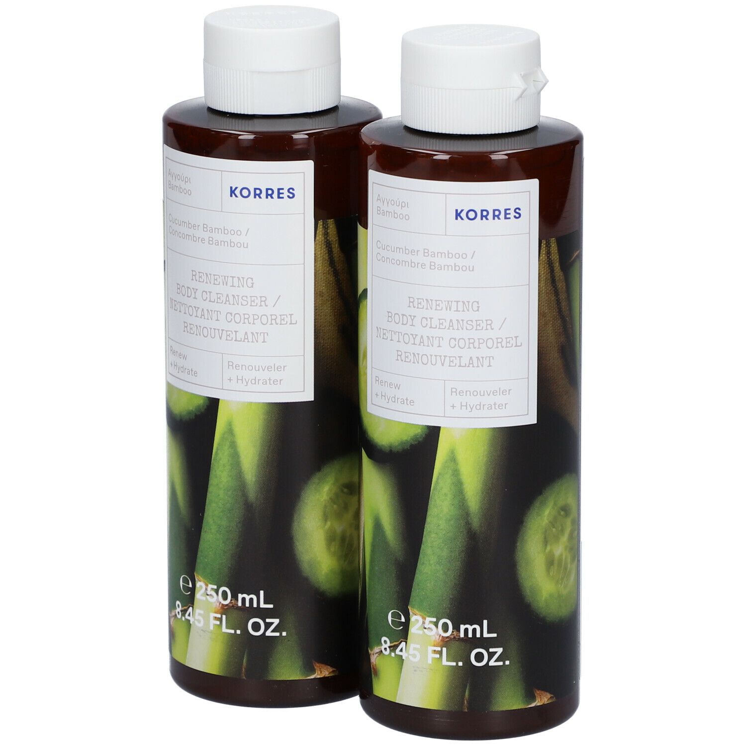 Deux flacons de nettoyant corporel avec bouchons blancs. Inscription : KORRES, Concombre & Bambou, Renewing Body Cleanser.