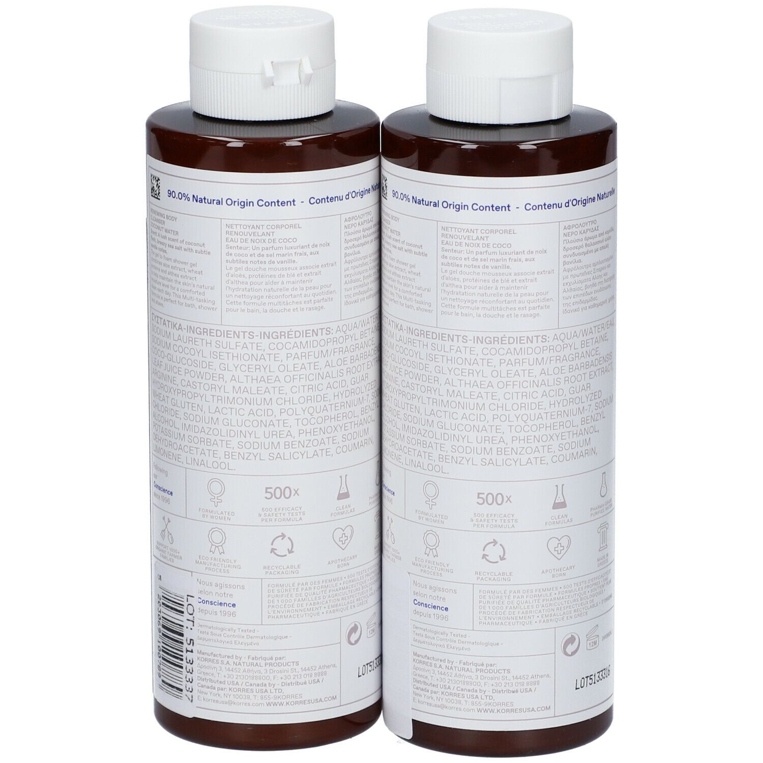 Deux flacons de nettoyant corporel KORRES. Vue arrière avec texte sur les ingrédients et les certifications.