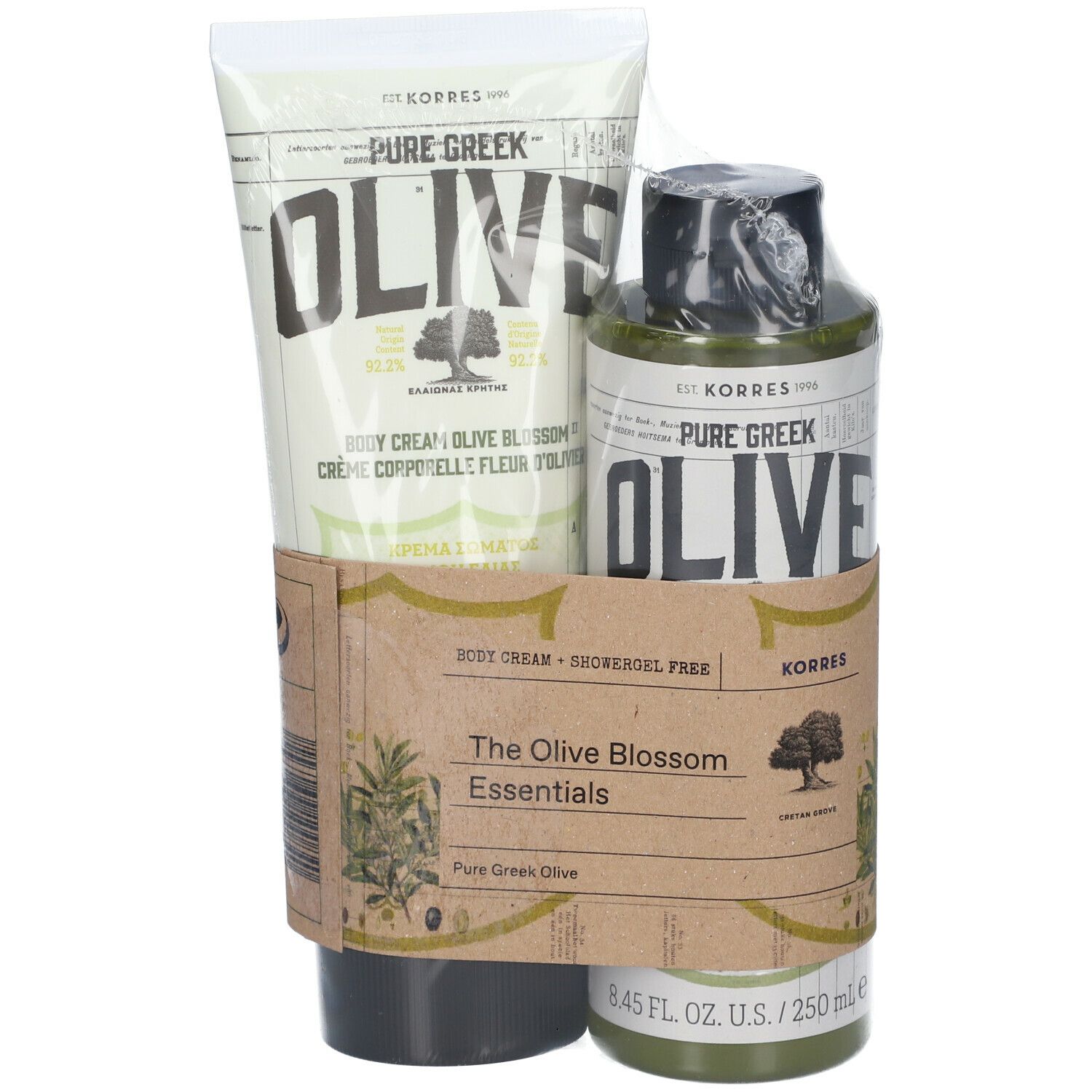Coffret cadeau avec crème pour le corps et gel douche. Les deux produits sont emballés dans du film transparent. Inscription : KORRES, Olive Blossom.