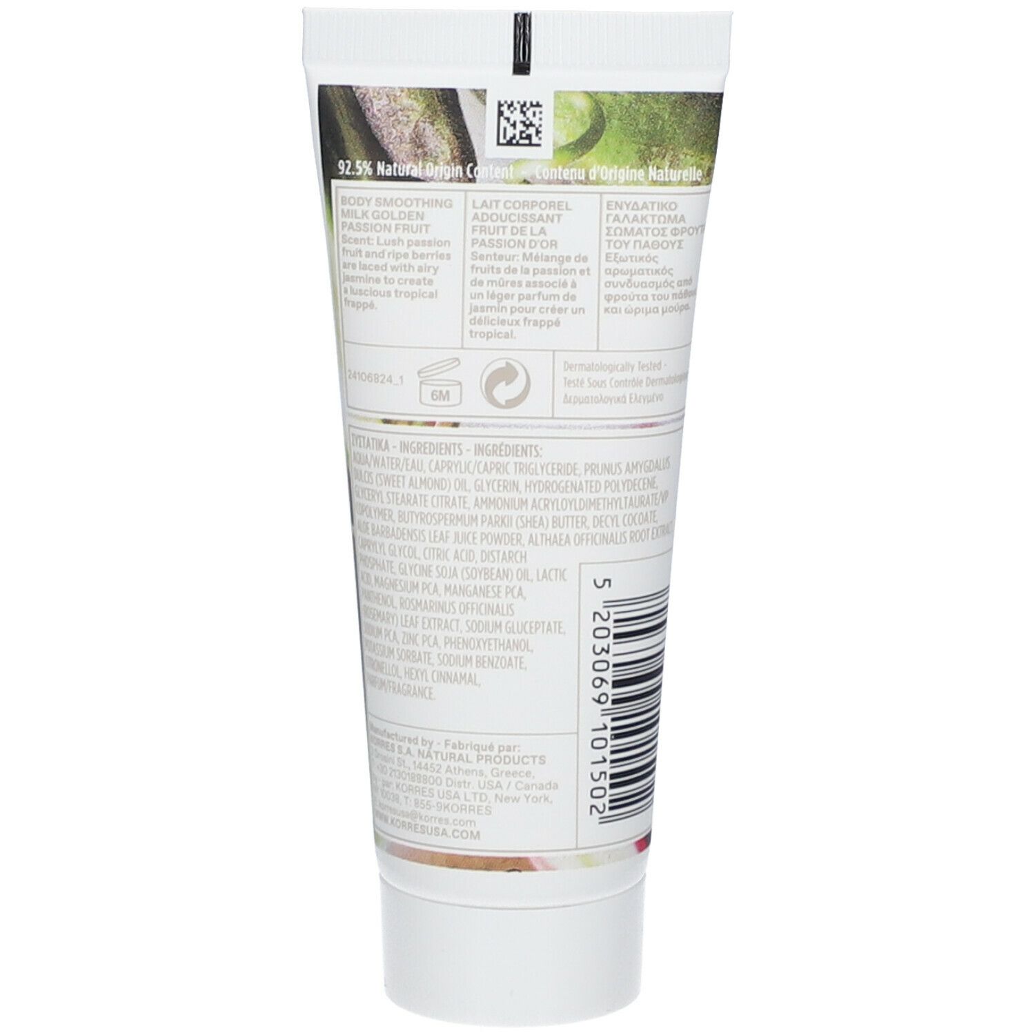 Tube de lait corporel. Blanc, avec texte et illustrations. Contient 92,3% d'ingrédients naturels. Code-barres et logo.