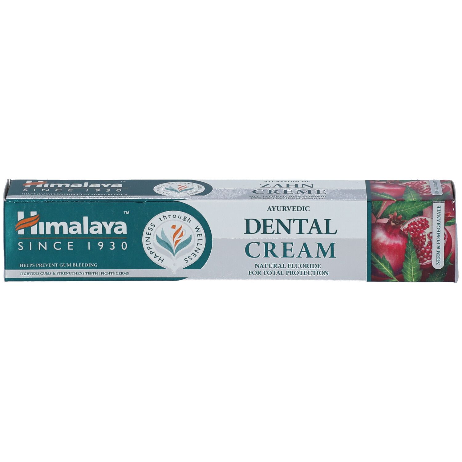 Emballage de crème dentaire. Inscription : Ayurvedic Dental Cream. Marque : Himalaya. Depuis 1930.