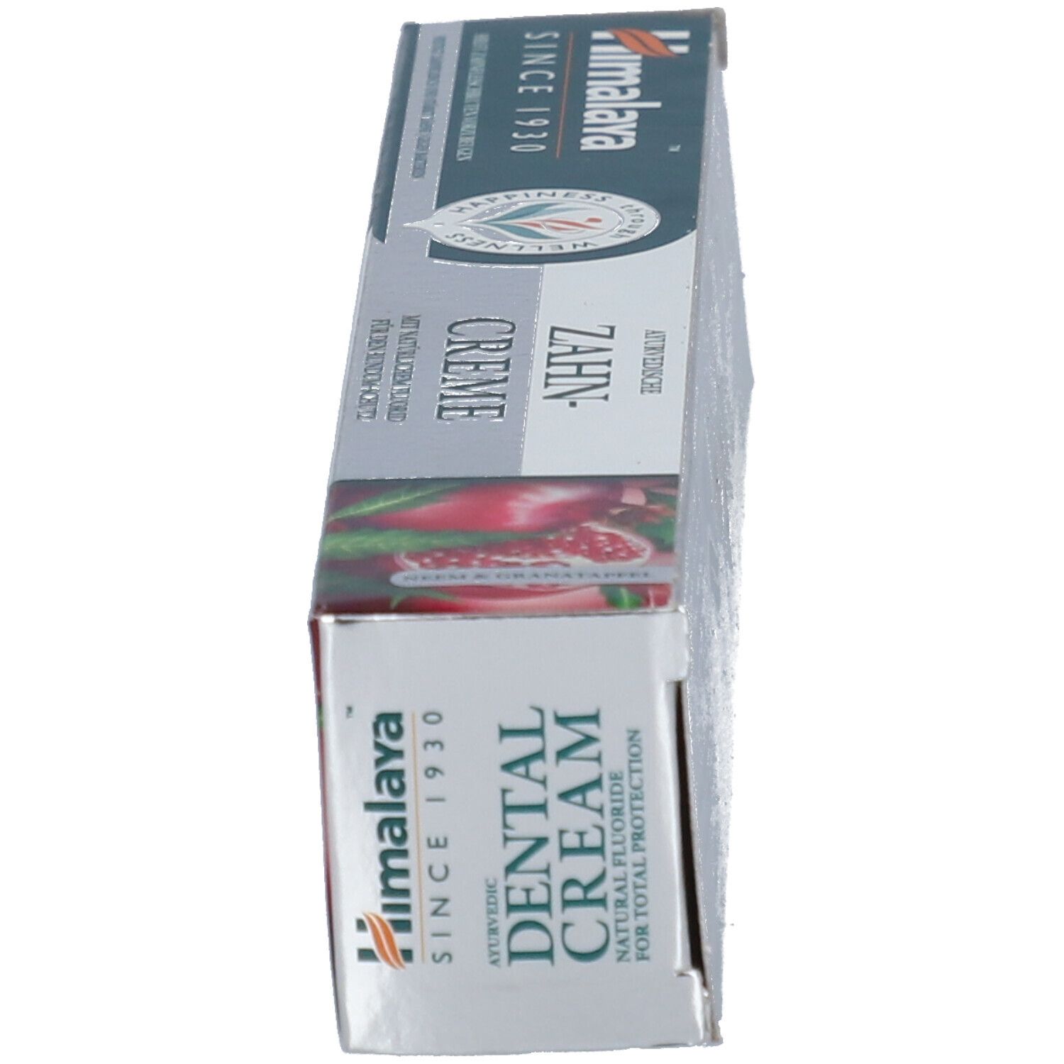 Emballage de crème dentaire, en biais. Inscription : Ayurvedic Dental Cream. Marque : Himalaya. Depuis 1930.