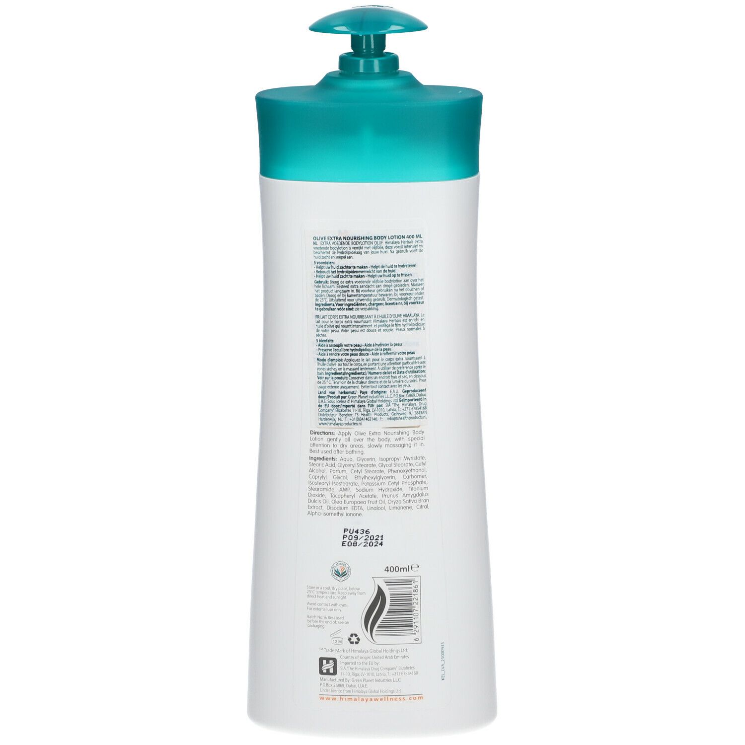 Dos du flacon de lotion pour le corps Himalaya Olive Extra Nourishing. Informations textuelles et ingrédients.