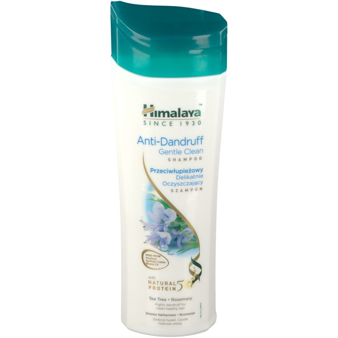 Flacon de shampooing Himalaya Anti-Dandruff. Blanc, bouchon vert. Inscription: Anti-Dandruff, Gentle Clean. Avec Natural Protein 5.