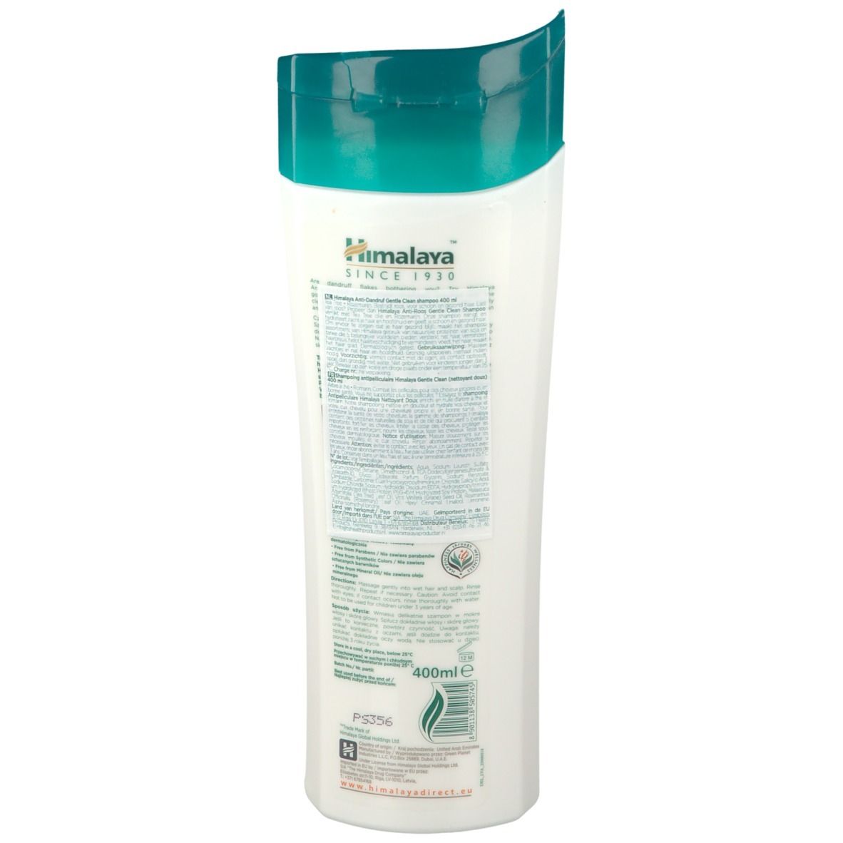 Dos du flacon de shampooing Himalaya Anti-Dandruff. Texte et informations sur fond blanc. Graphique flamme verte.