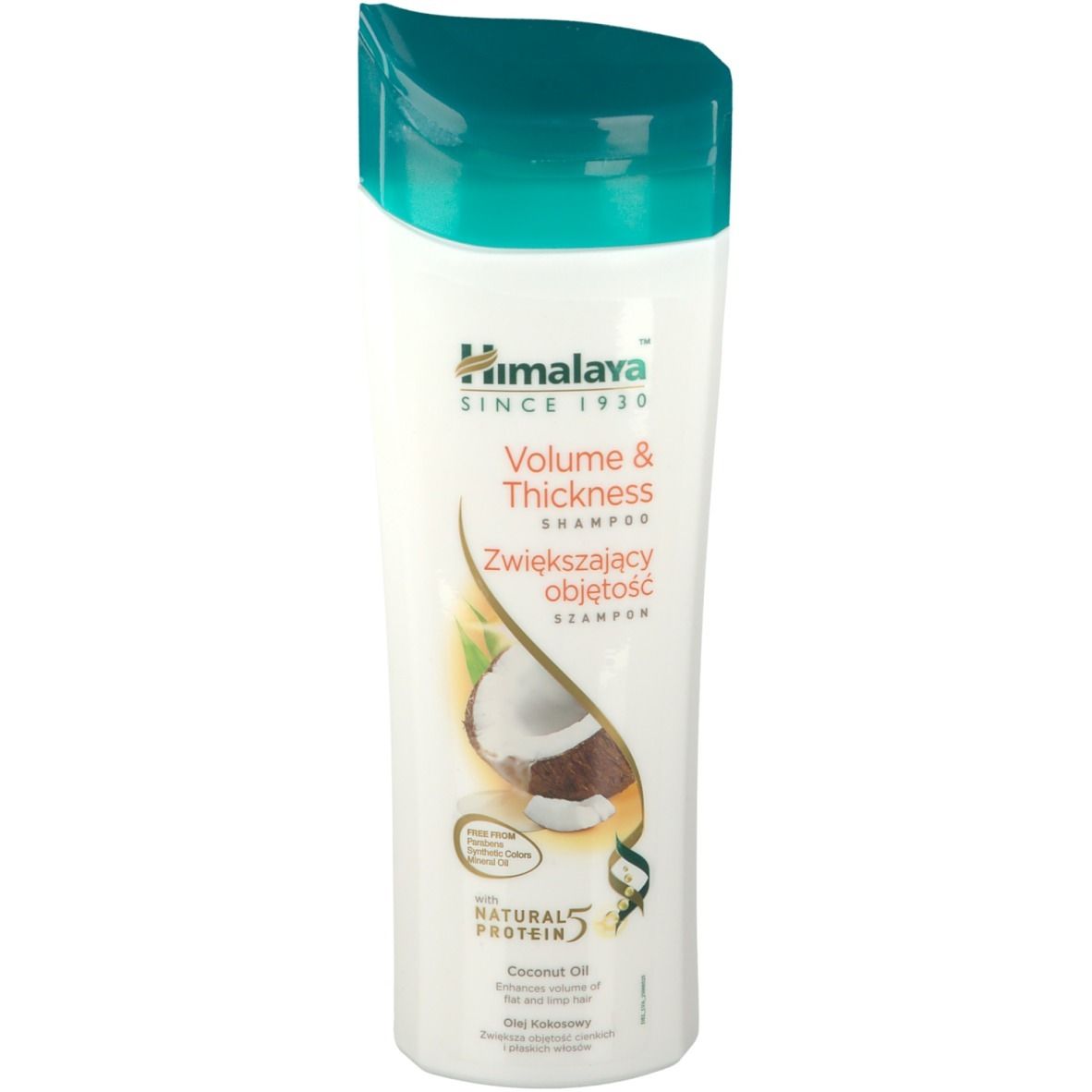 Flacon de shampooing blanc et vert. Inscription: Himalaya, Volume & Thickness Shampoo. Illustration de noix de coco. Avec protéine naturelle.