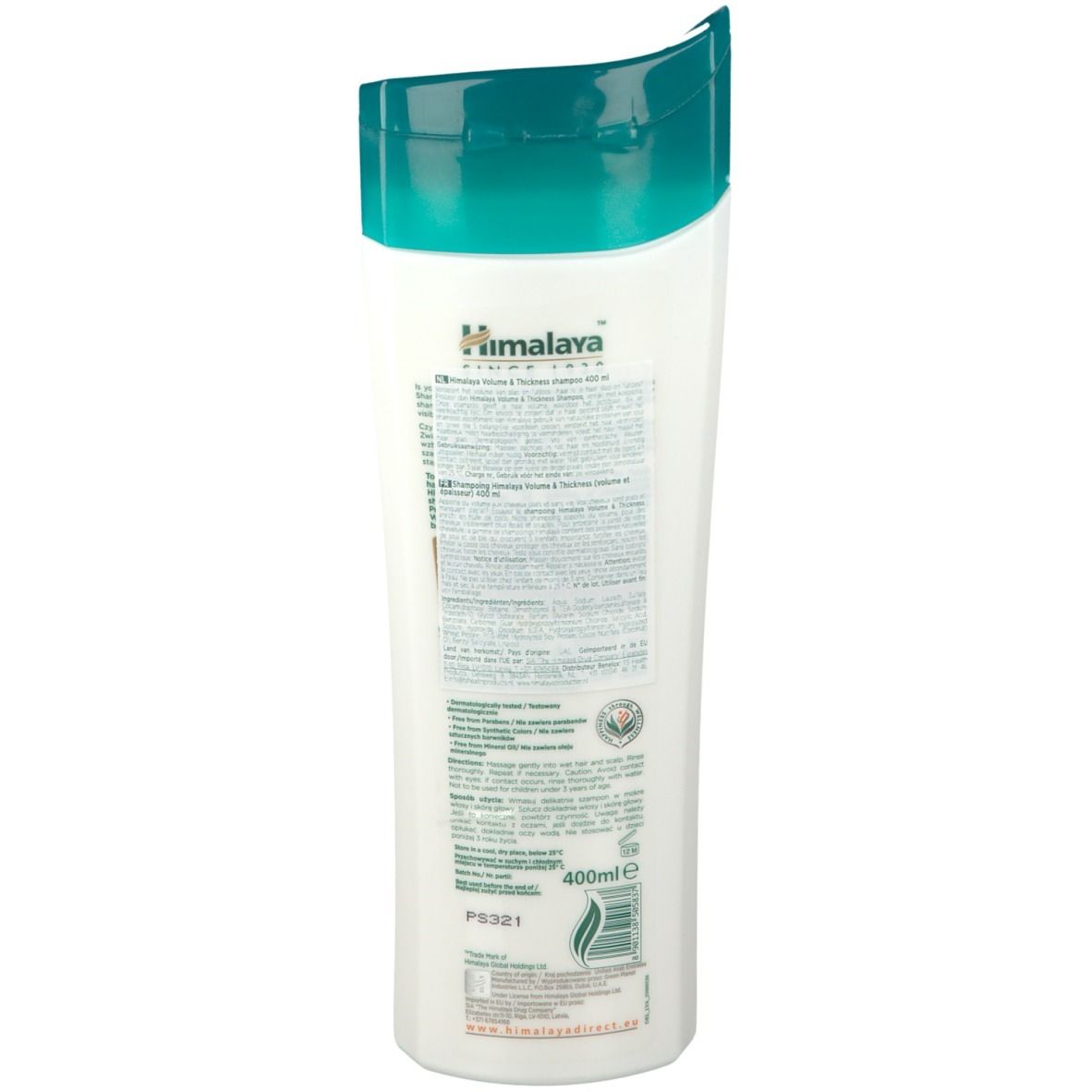 Dos du flacon de shampooing. Informations textuelles multilingues. Indication de volume: 400ml. Bouchon vert.