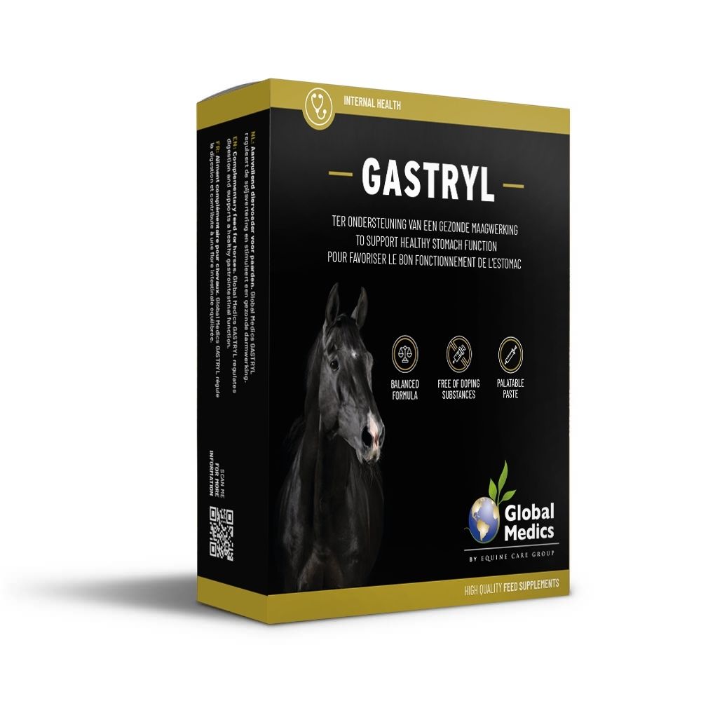 Gastryl complément pour chevaux: face avant de la boîte en carton avec nom du produit, tête de cheval et icônes.
