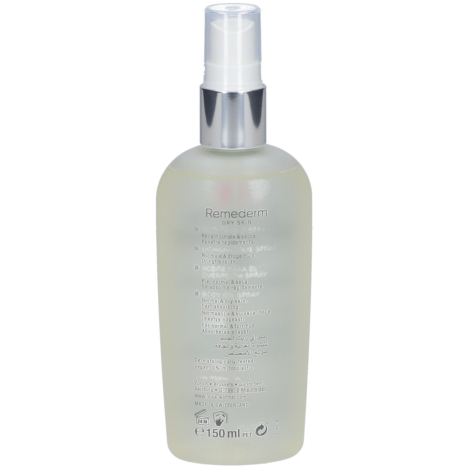 Dos de la bouteille de spray d'huile corporelle. Informations sur le produit et ingrédients. Marque Louis Widmer, logo croix suisse. 150 ml.