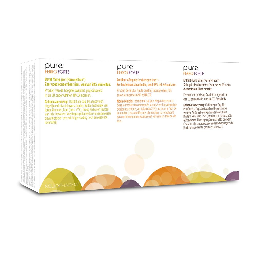 Dos de la boîte avec « pure FERRO FORTE ». Texte en néerlandais, français et allemand. Formes ovales colorées.