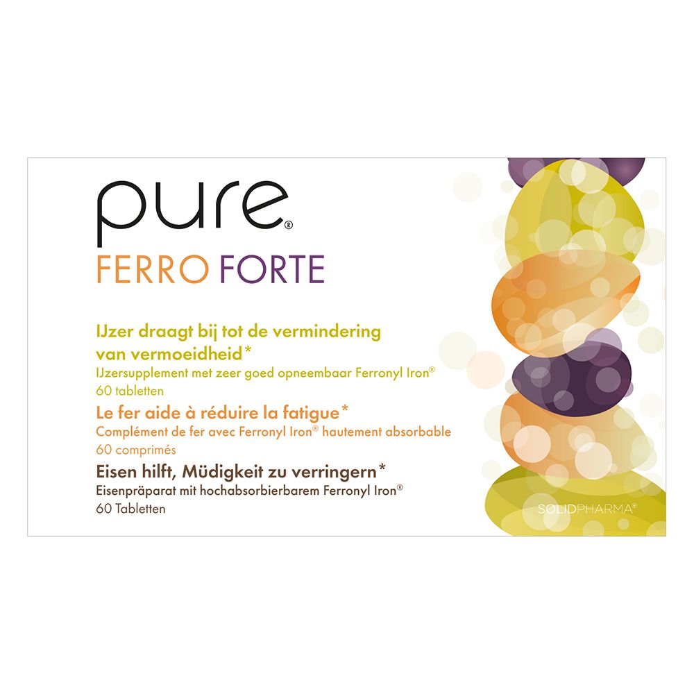 Boîte blanche avec « pure FERRO FORTE ». Formes ovales colorées. Texte en néerlandais, français et allemand.