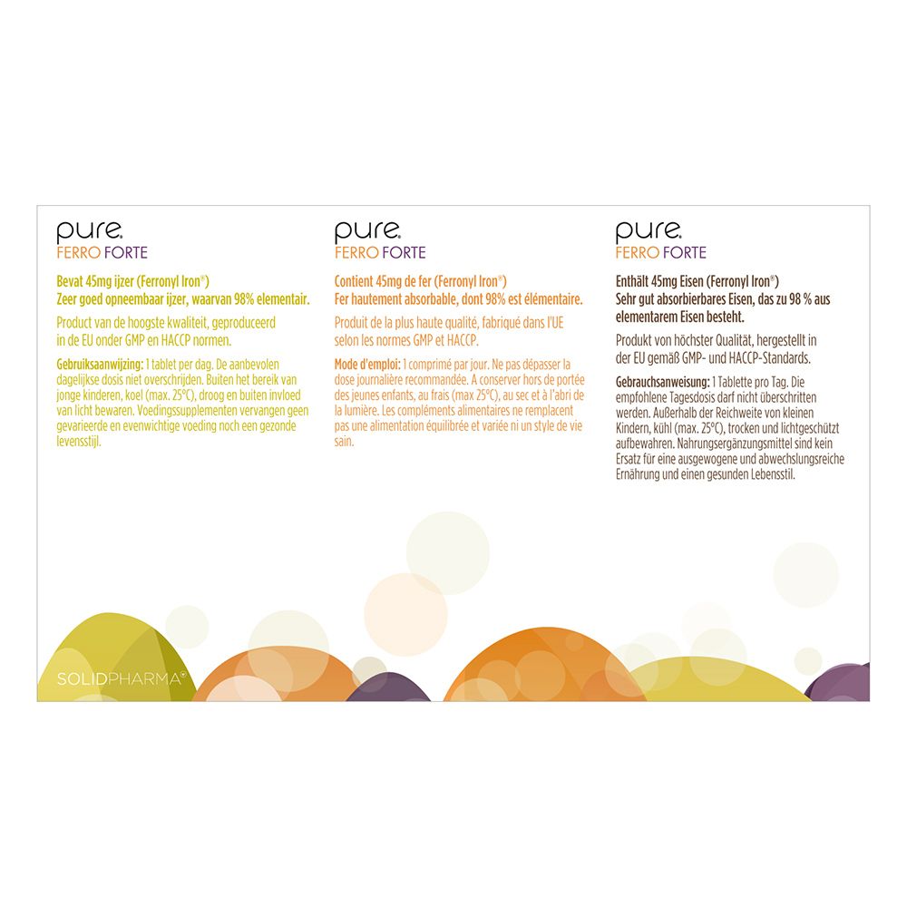 Deux boîtes « pure FERRO FORTE ». Inscription, formes ovales. Texte en allemand, avantages, petits comprimés.