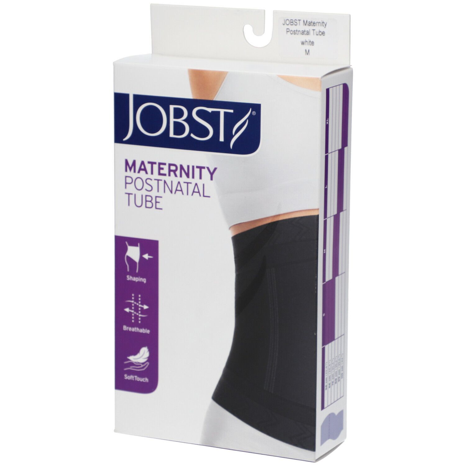Emballage de la JOBST Maternity Postnatal Tube. Bandage noir, fond blanc. Inscriptions : Shaping, respirant, Soft Touch.