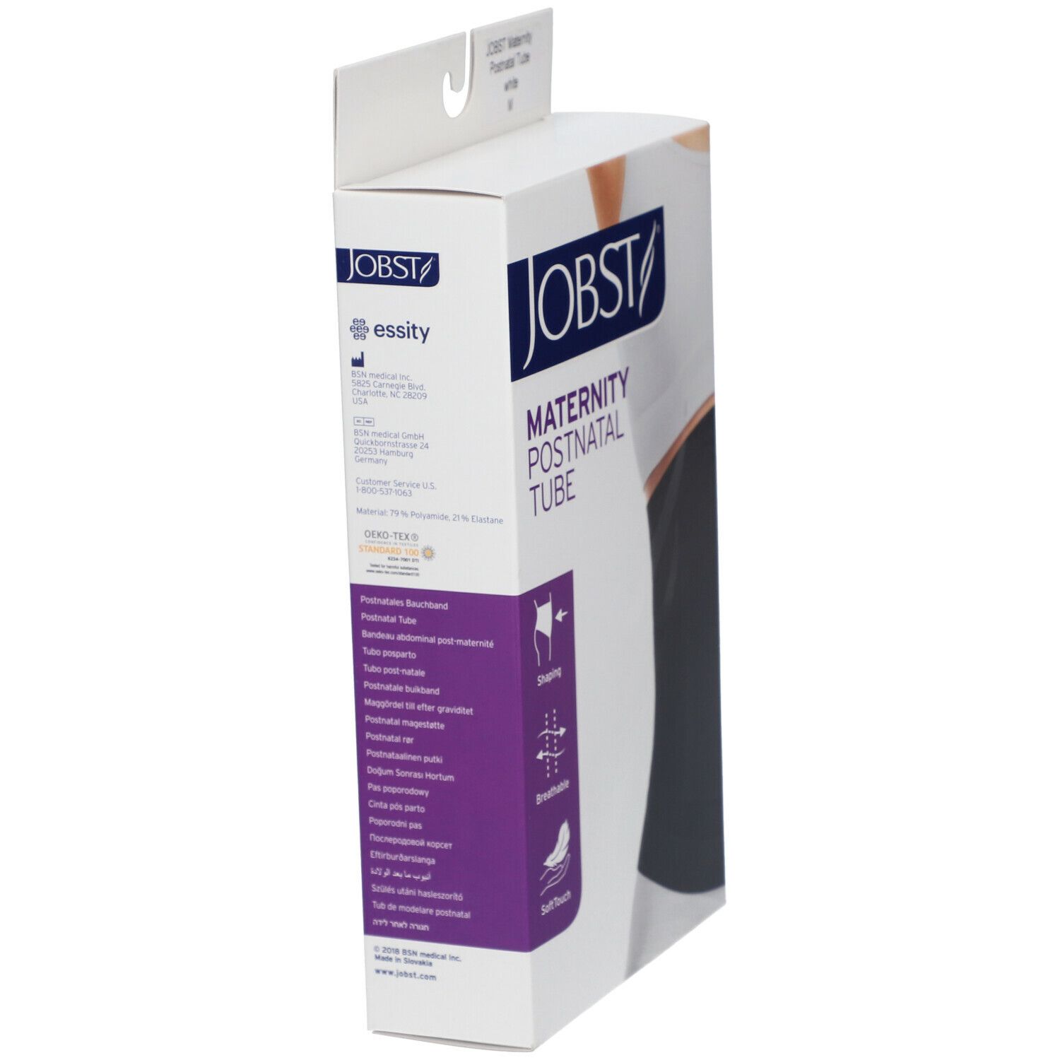 Emballage de la JOBST Maternity Postnatal Tube. Vue latérale avec informations sur le produit et logo. Bandage noir, fond blanc.