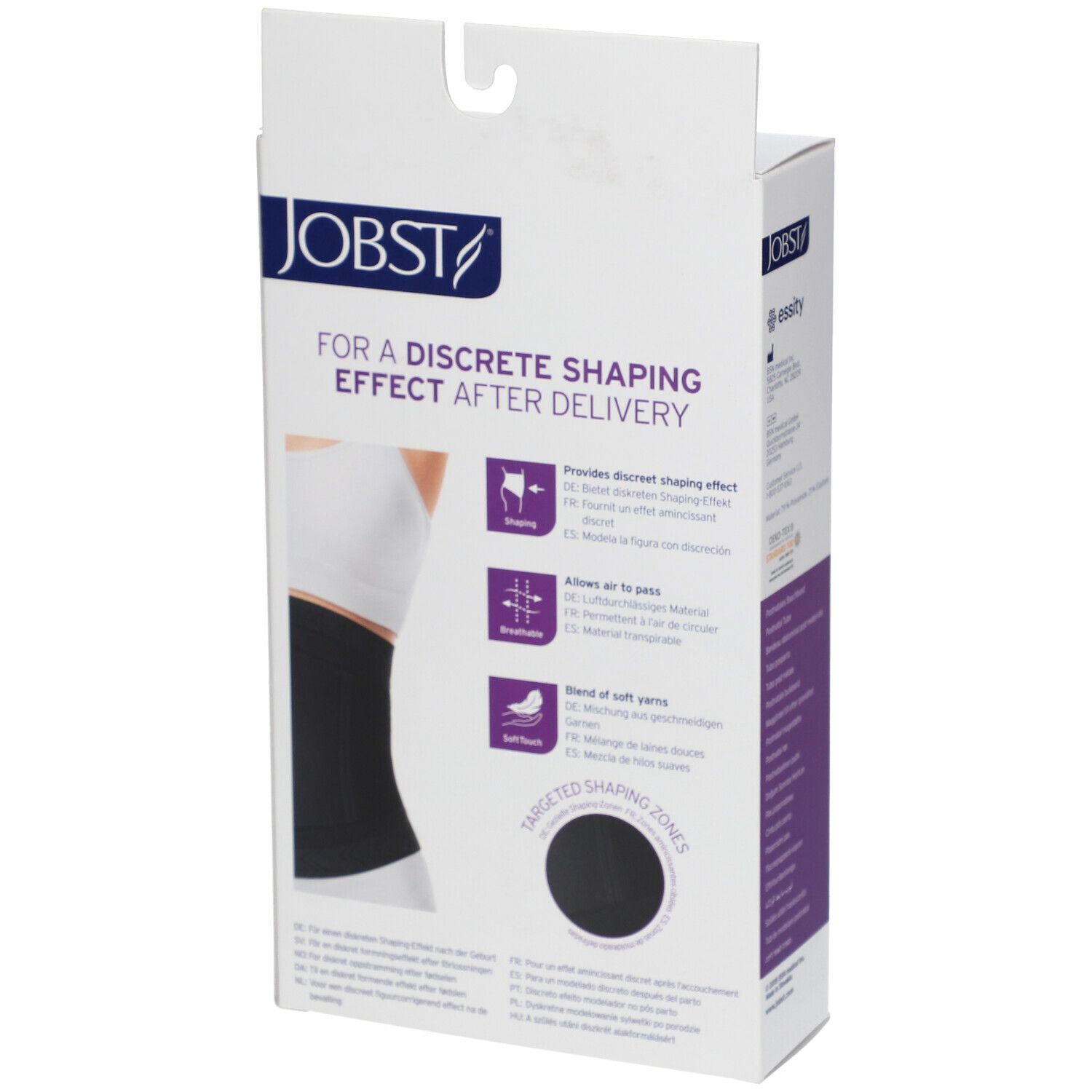 Emballage de la JOBST Maternity Postnatal Tube. Dos avec caractéristiques du produit. Bandage noir, fond blanc.