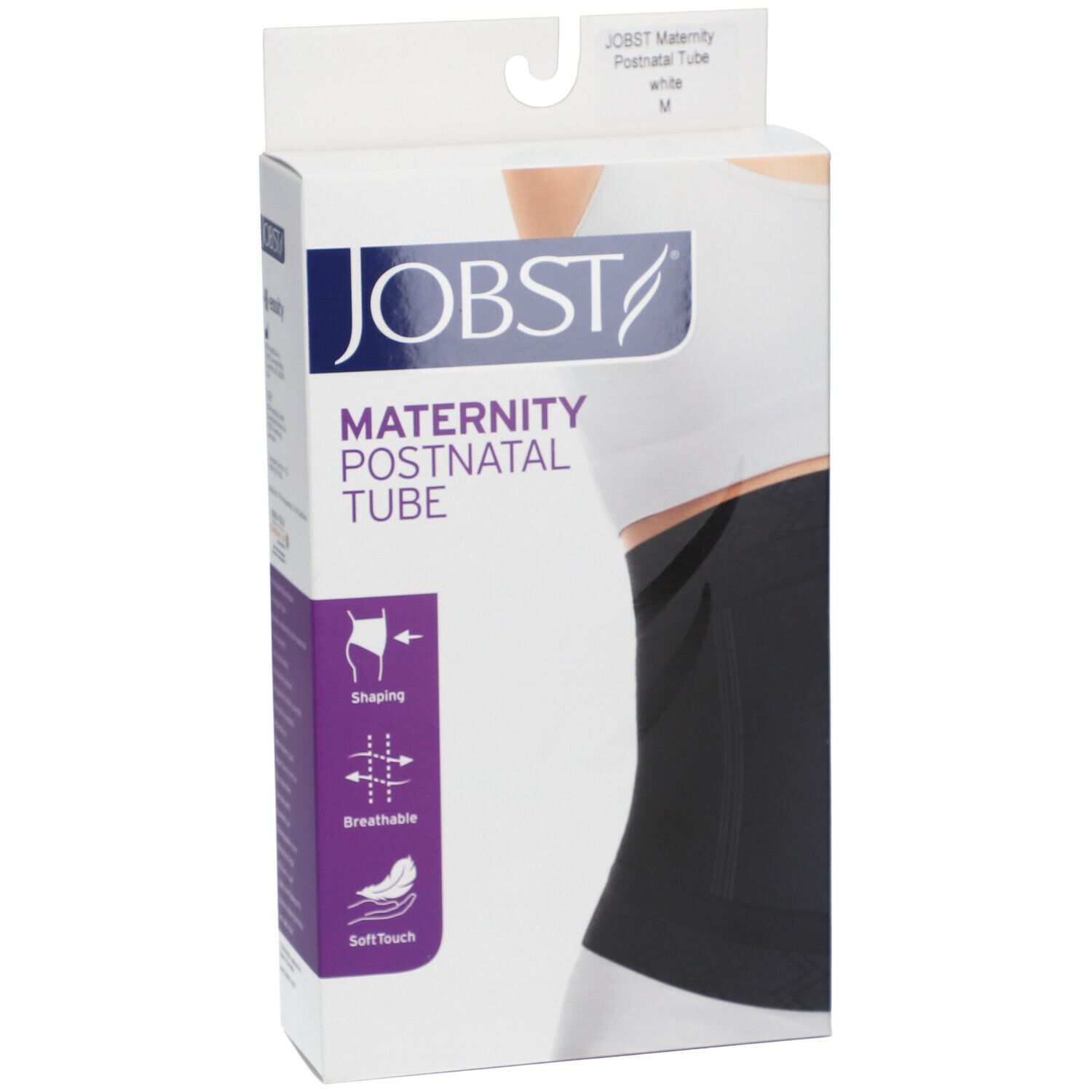 Emballage de la JOBST Maternity Postnatal Tube. Bandage noir, fond blanc. Inscriptions : Shaping, respirant, Soft Touch.