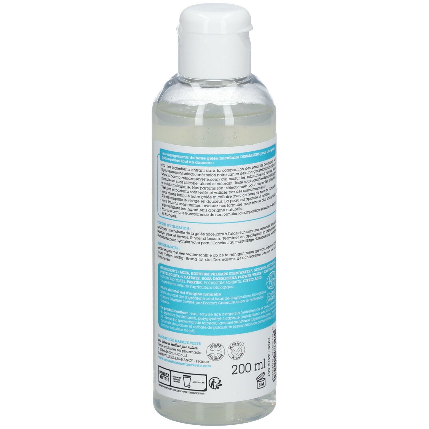 DERMASENS Gelée micellaire démaquillante certifiée bio 200 ml