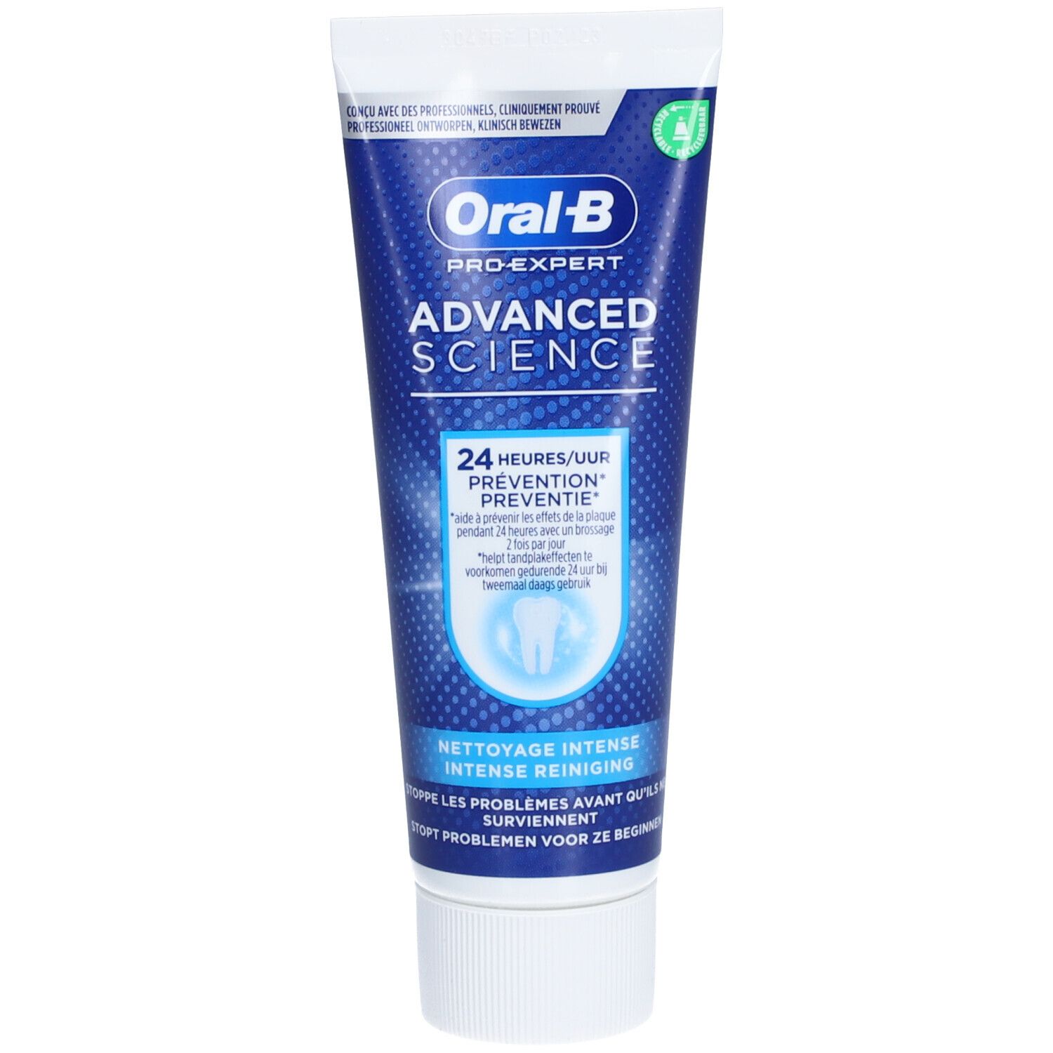 Tube de dentifrice bleu et blanc. Inscription: Oral-B Pro-Expert Advanced Science. Texte: 24 heures de prévention. Nettoyage intense.