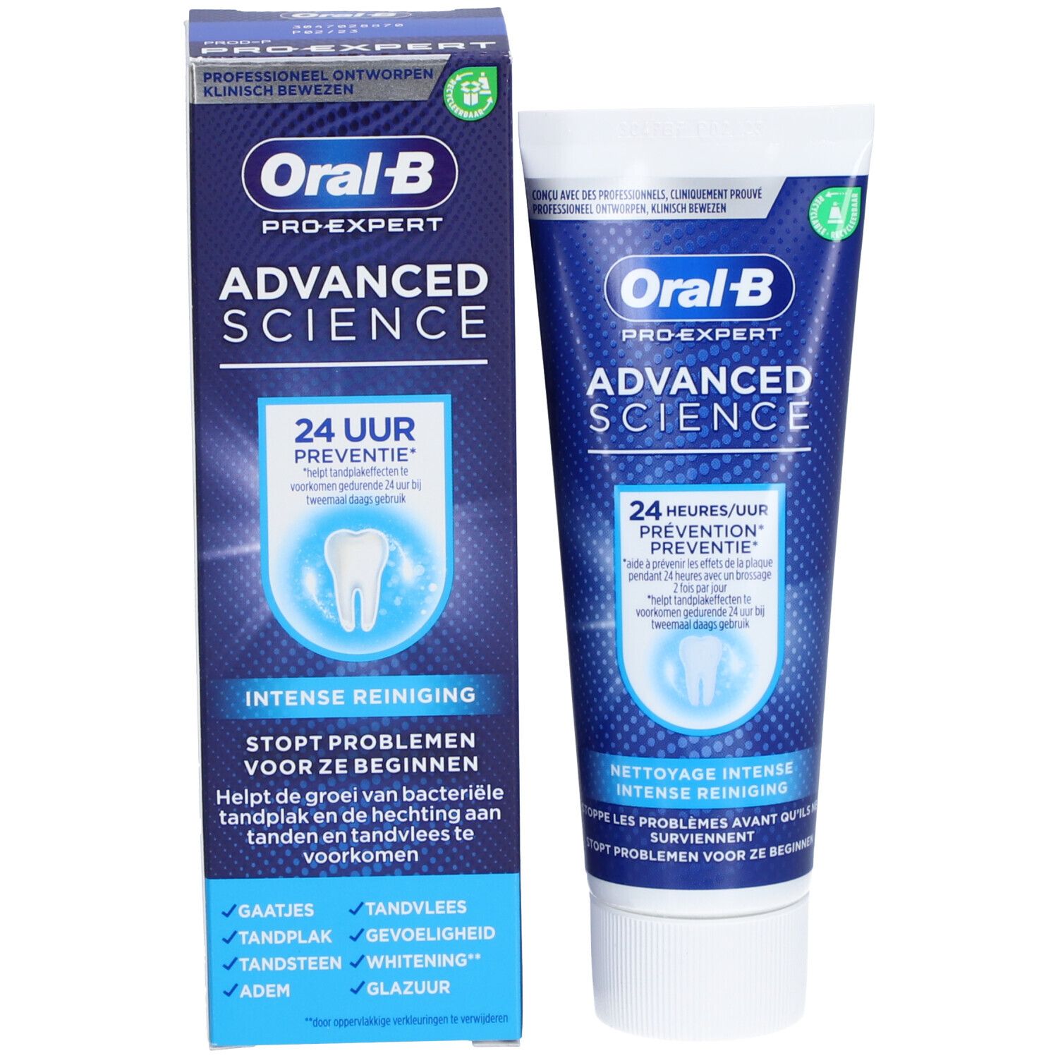 Tube et boîte de dentifrice. Tube: Oral-B Pro-Expert Advanced Science. Boîte: même inscription. Les deux: 24 heures de prévention.