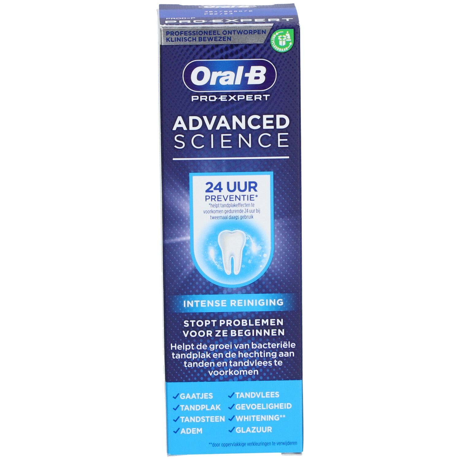 Boîte de dentifrice, bleue. Inscription: Oral-B Pro-Expert Advanced Science. Texte: 24 heures de prévention. Nettoyage intense.