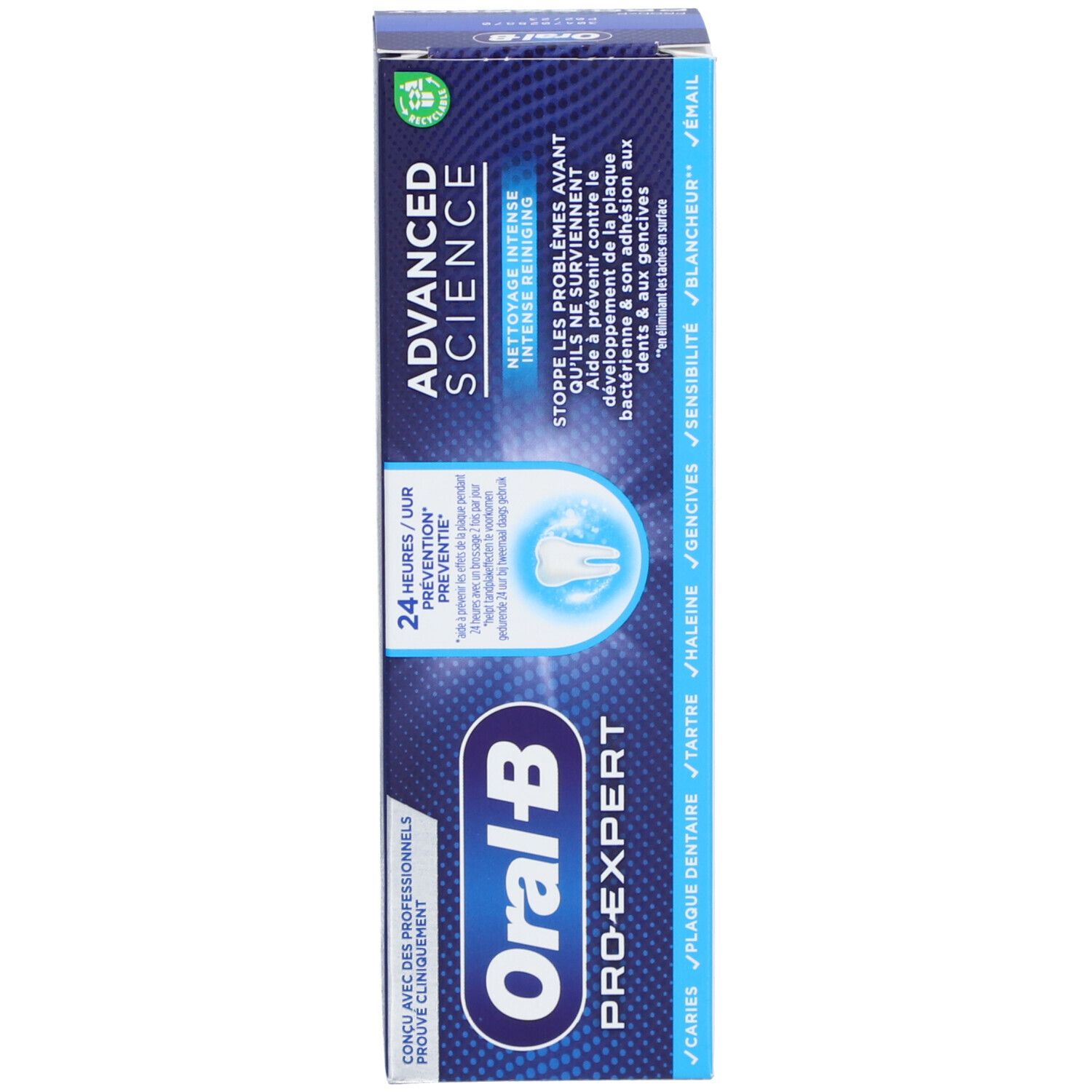 Boîte de dentifrice, bleue. Inscription: Oral-B Pro-Expert. Texte: Advanced Science, 24 heures de prévention. Nettoyage intense.
