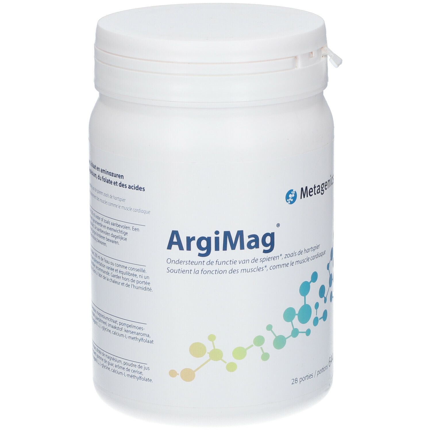 Boîte blanche avec couvercle. Inscription "ArgiMag" et "28 portions". Logo et texte multilingue.