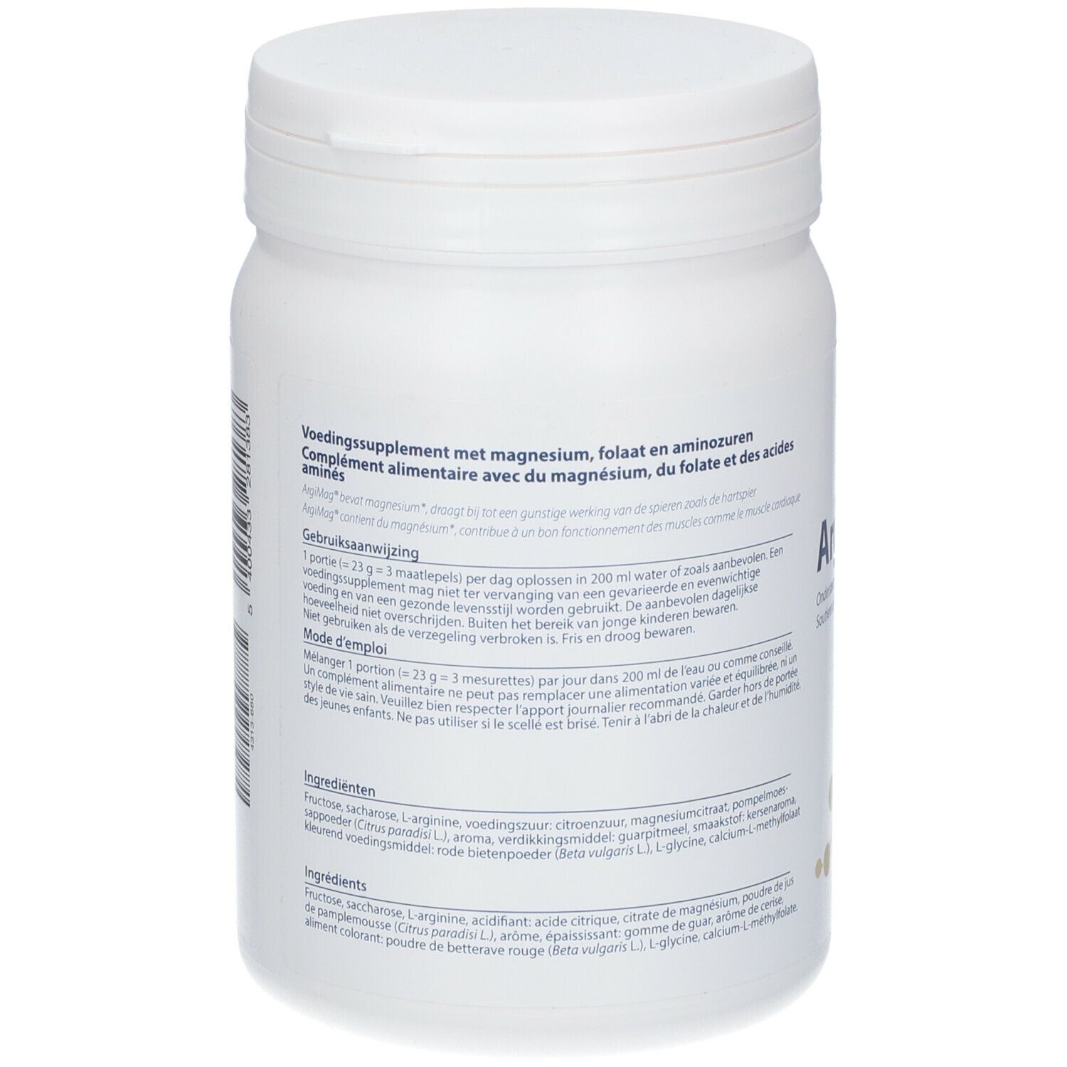 Boîte blanche, vue arrière. Texte multilingue, dont "Voedingssupplement" et "Ingrédients".