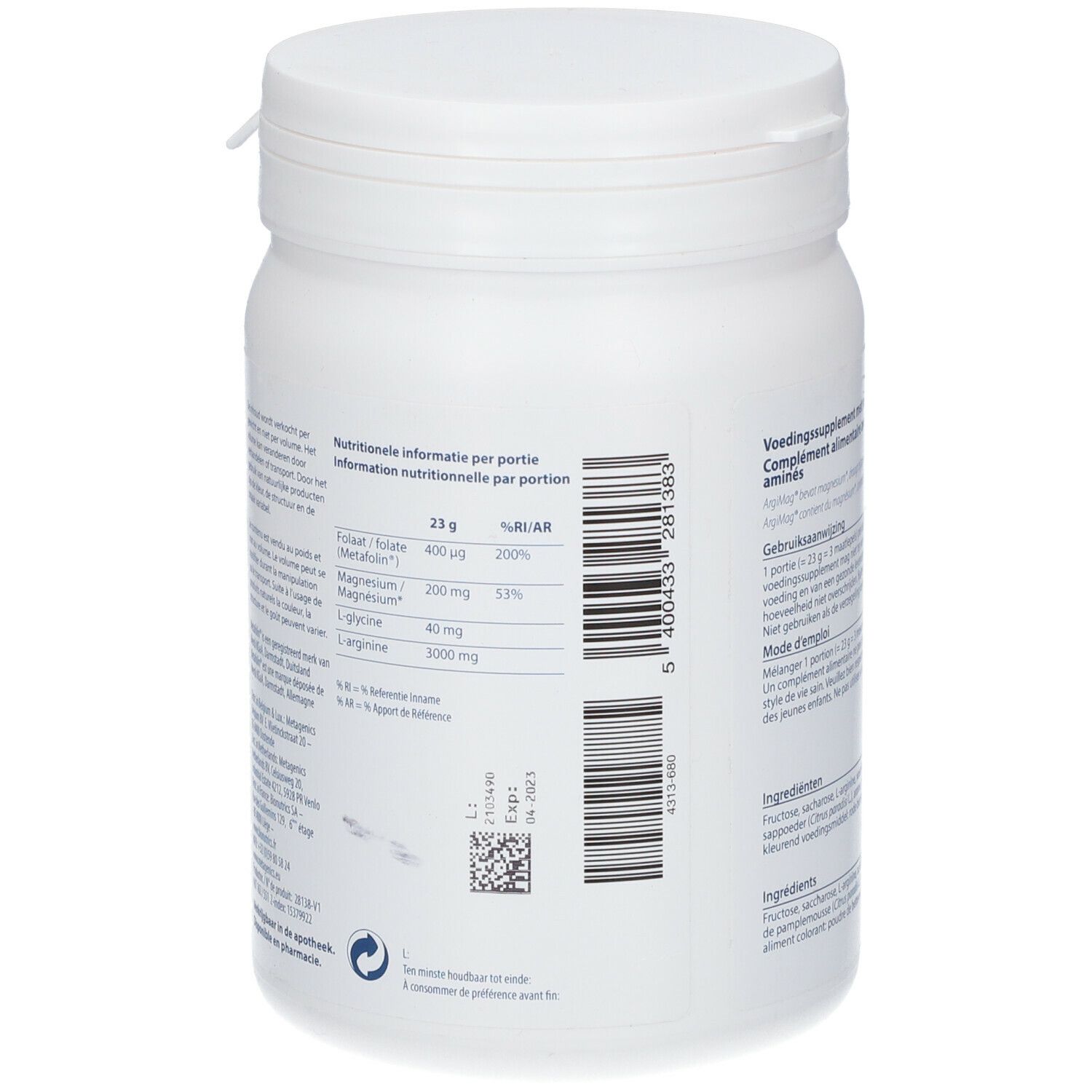 Boîte blanche, vue arrière. Tableau nutritionnel avec folate, magnésium et arginine. Code-barres.