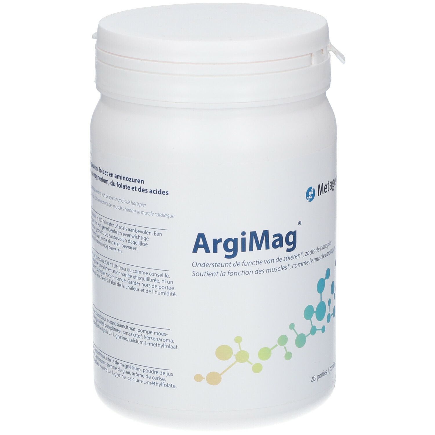 Boîte blanche avec couvercle. Inscription "ArgiMag" et "28 portions". Logo et texte multilingue.