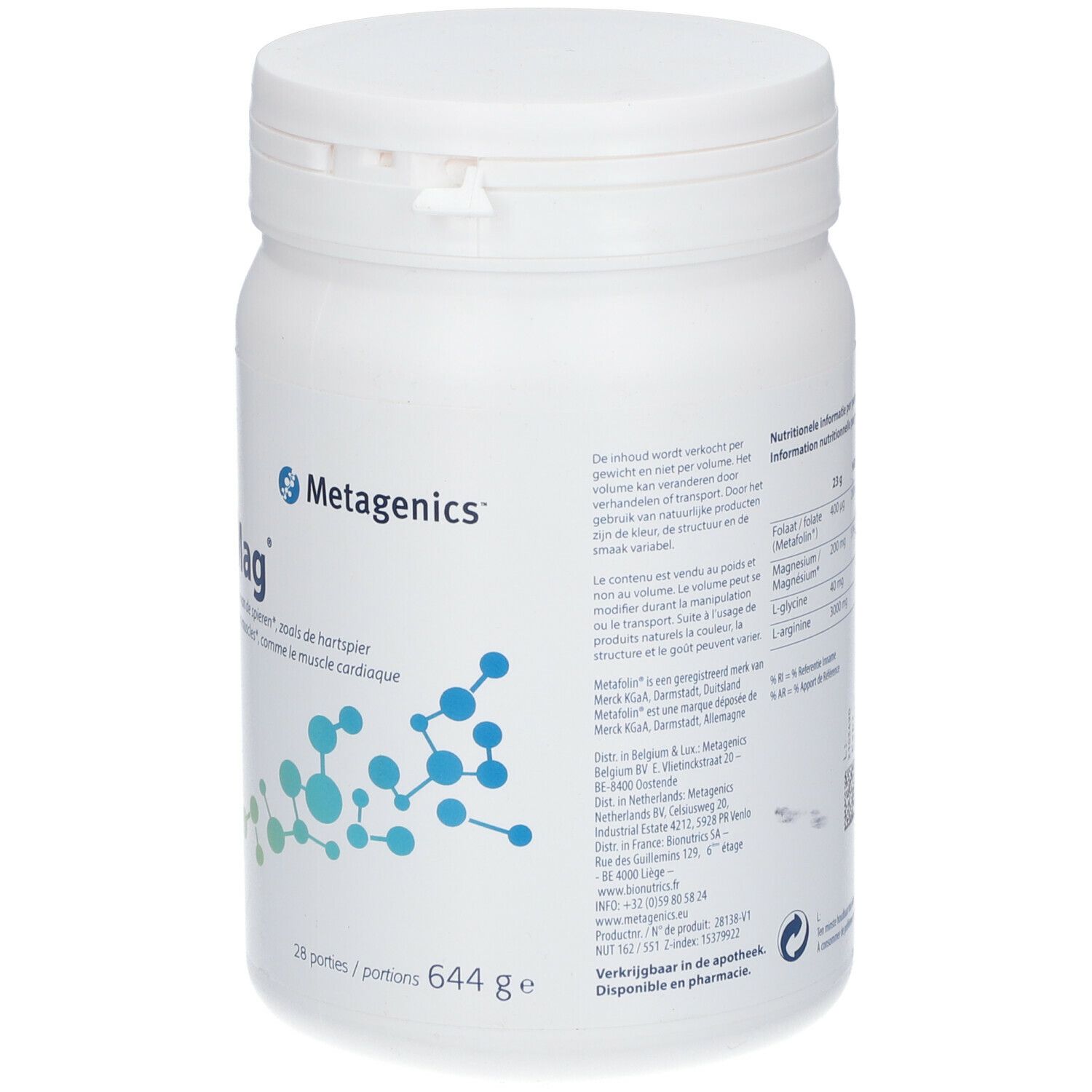 Boîte blanche avec couvercle. Inscription "ArgiMag" et "28 portions". Logo et texte multilingue. 644 g.