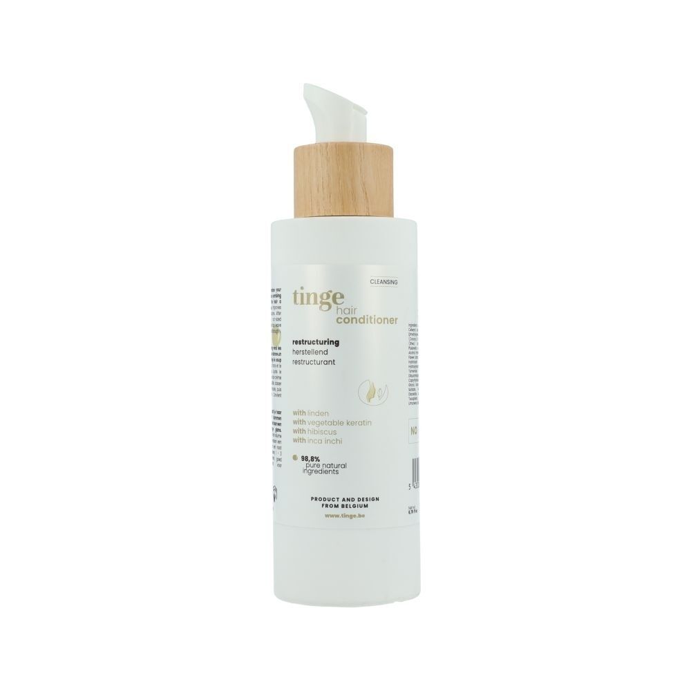 Flacon blanc avec pompe doseuse et bouchon en bois, Tinge Après-shampoing.