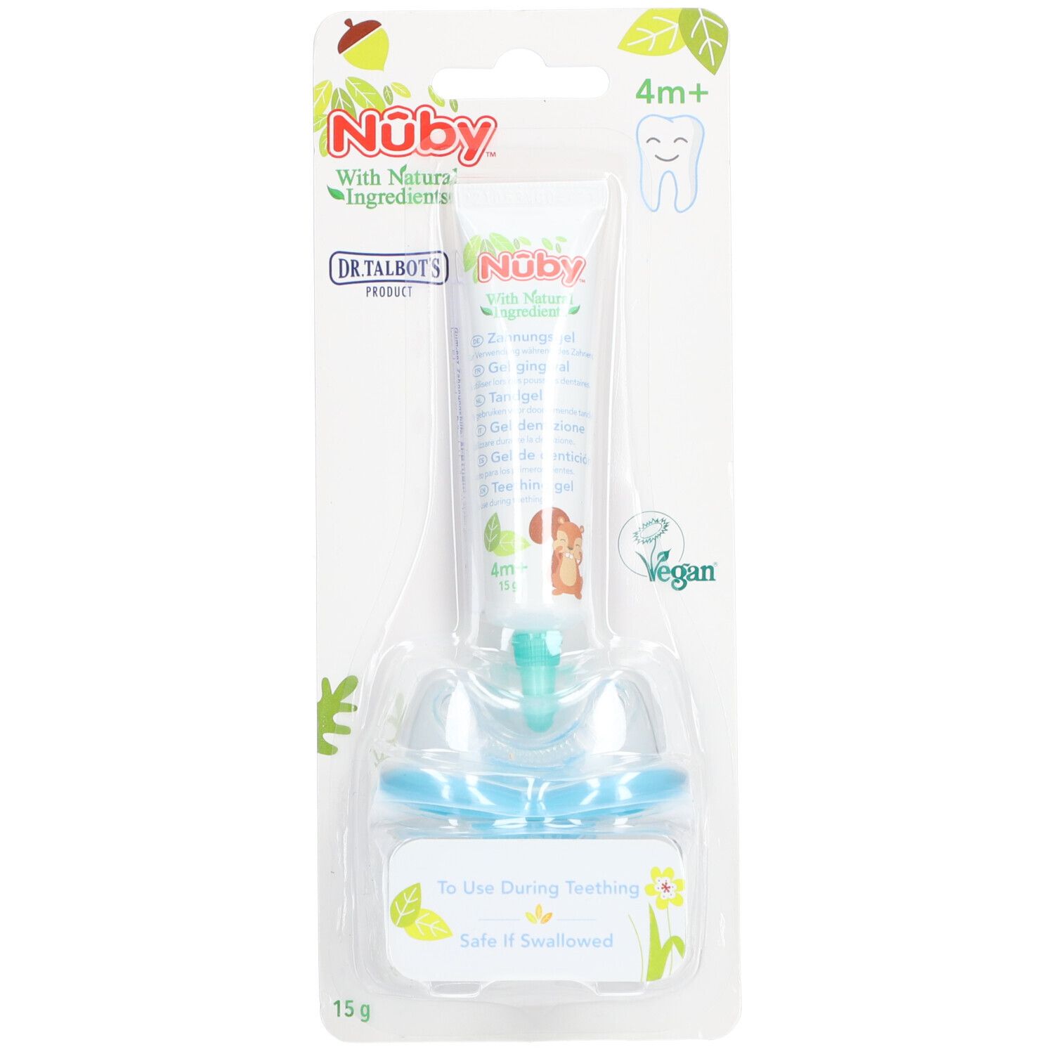 Tube de gel dentaire avec applicateur, emballage blister. Marque Nûby, 4m+. Label vegan. 15g.