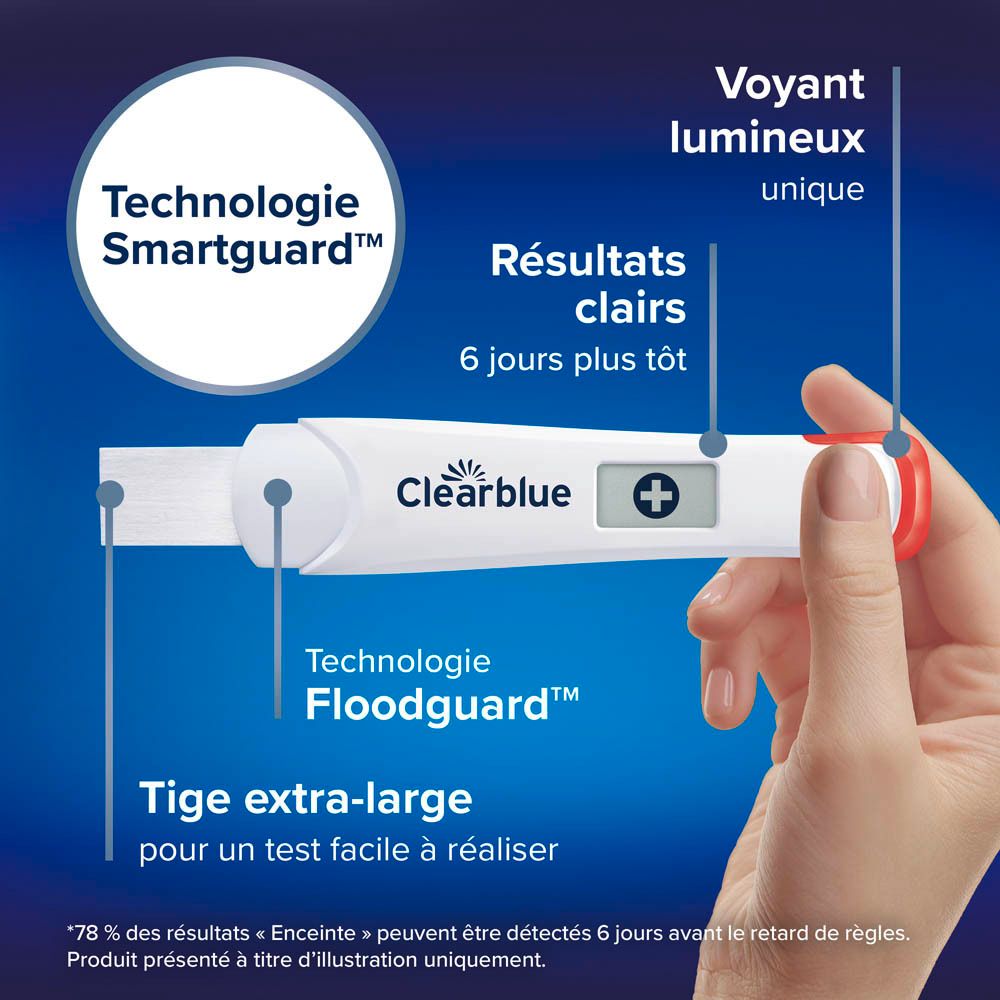 Gros plan sur le test Clearblue. Légendes et caractéristiques.