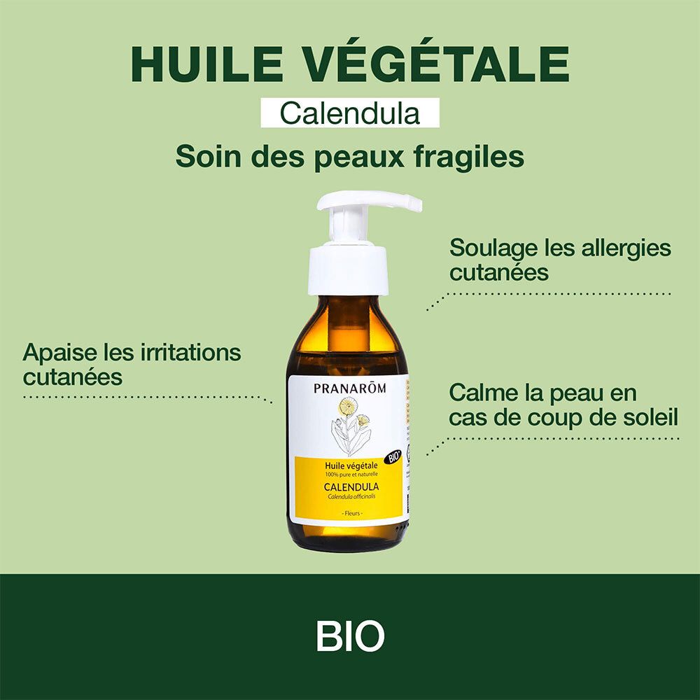 Graphique avec flacon et texte. Décrit les bienfaits de l'huile de Calendula pour les peaux fragiles.