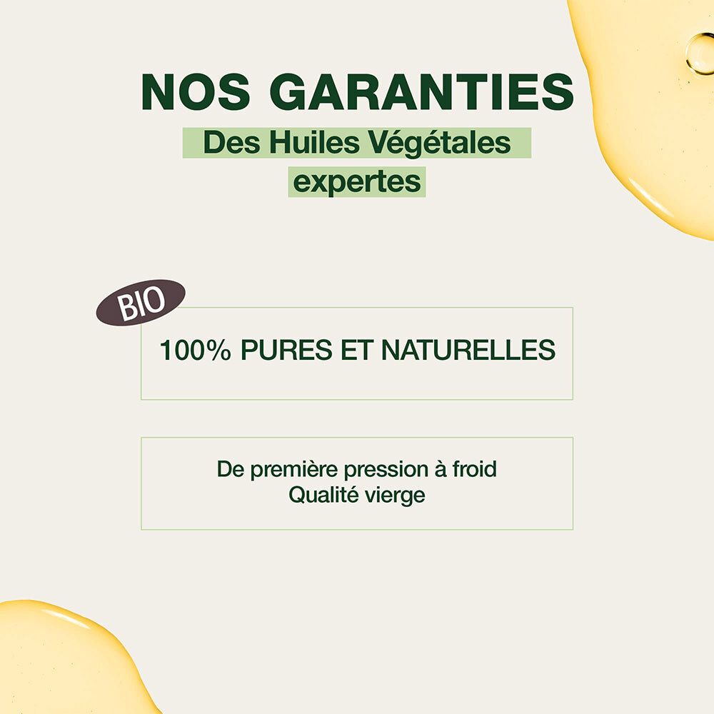 Graphique avec texte. Décrit les garanties de l'huile de Calendula : 100% pure et naturelle, pressée à froid.