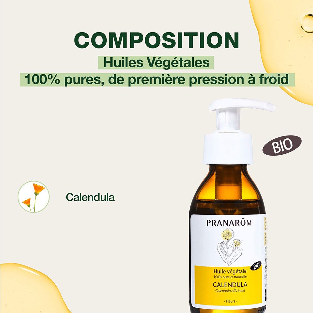 Graphique avec flacon et texte. Décrit la composition de l'huile de Calendula.