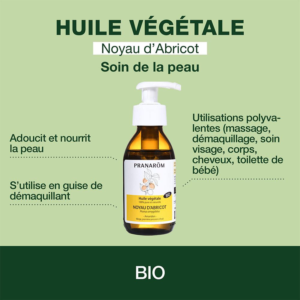 Graphique avec flacon de produit. Texte: Huile Végétale, Noyau d'Abricot. Certification bio. Utilisations.