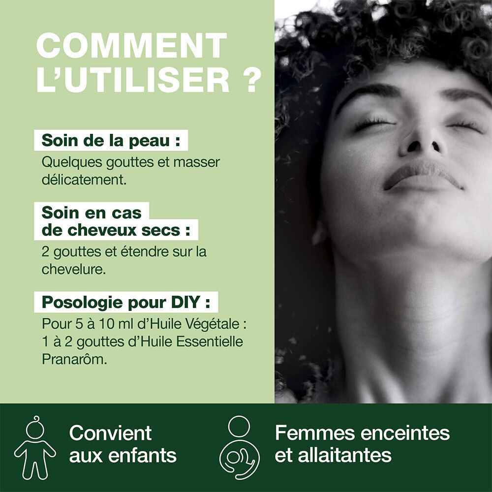 Texte: Comment l'utiliser? Soin de la peau, des cheveux. Convient aux enfants et femmes enceintes.