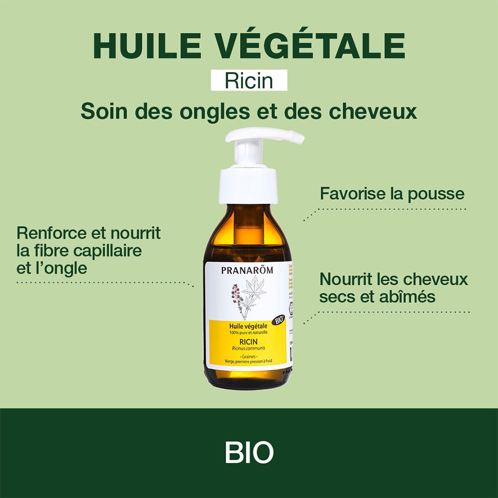 Flacon sur fond vert avec texte. Texte: Huile Végétale Ricin. Certification BIO.