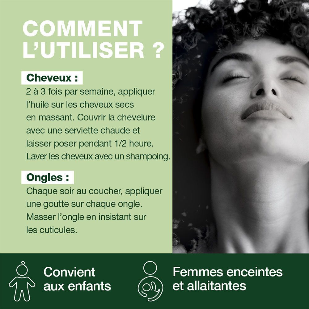 Femme avec cheveux. Texte: Conseils d'utilisation pour cheveux et ongles. Convient aux enfants et femmes enceintes.