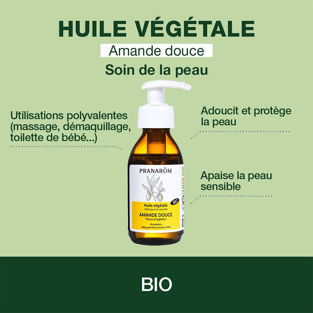 Flacon devant fond vert. Texte: Huile Végétale, Amande Douce, Soin de la peau. Certification BIO.