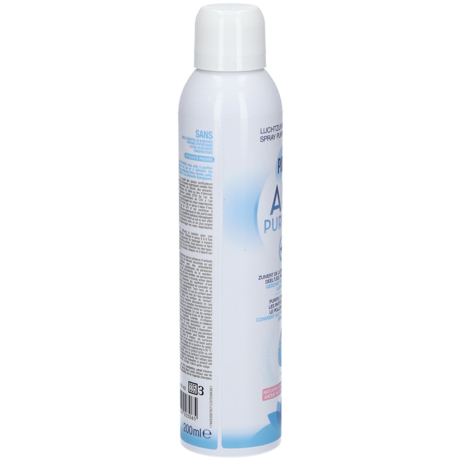 Spray blanc avec texte sur l'étiquette. Inscription : PISTAL AIR PURIFIER. Texte en allemand, néerlandais et français.