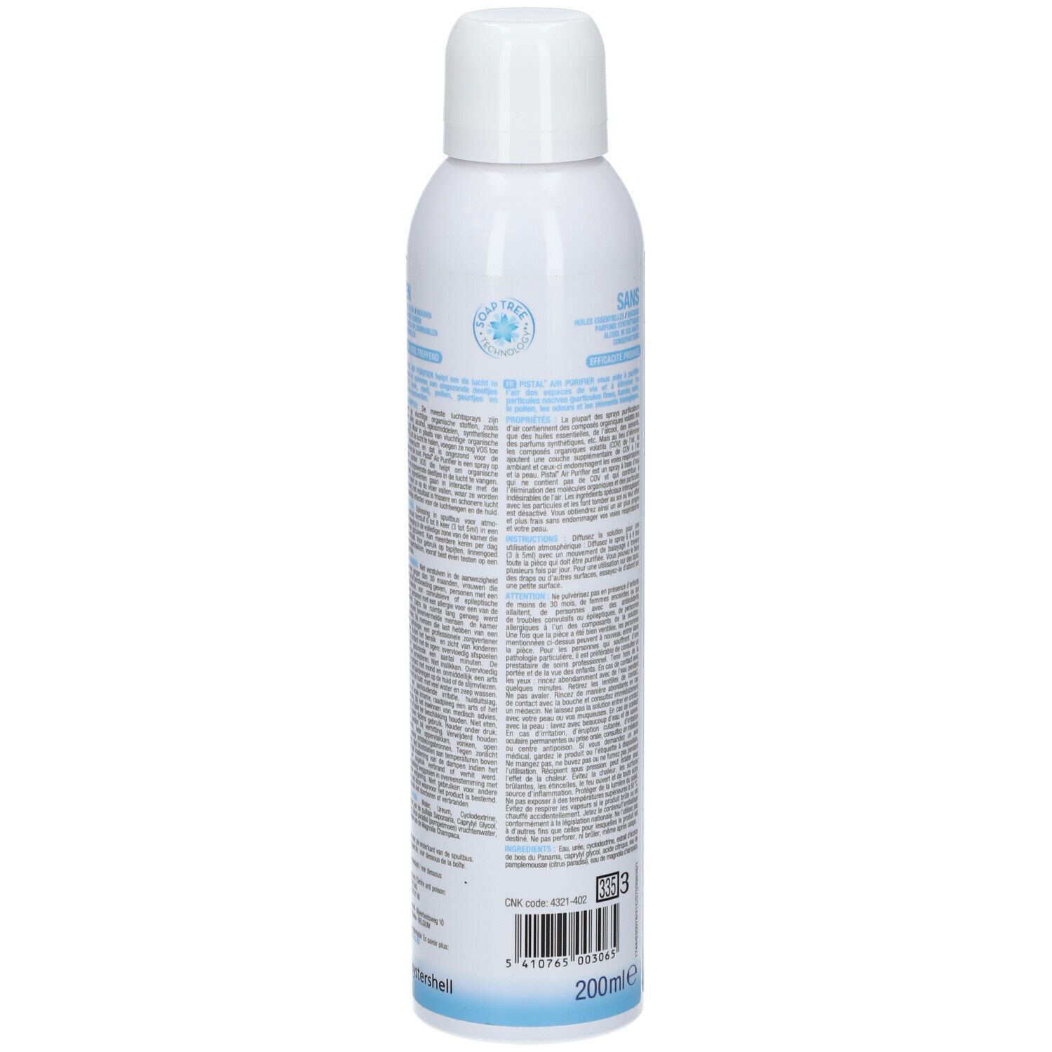 Spray blanc avec texte sur l'étiquette. Inscription : PISTAL AIR PURIFIER. Texte en allemand, néerlandais et français.