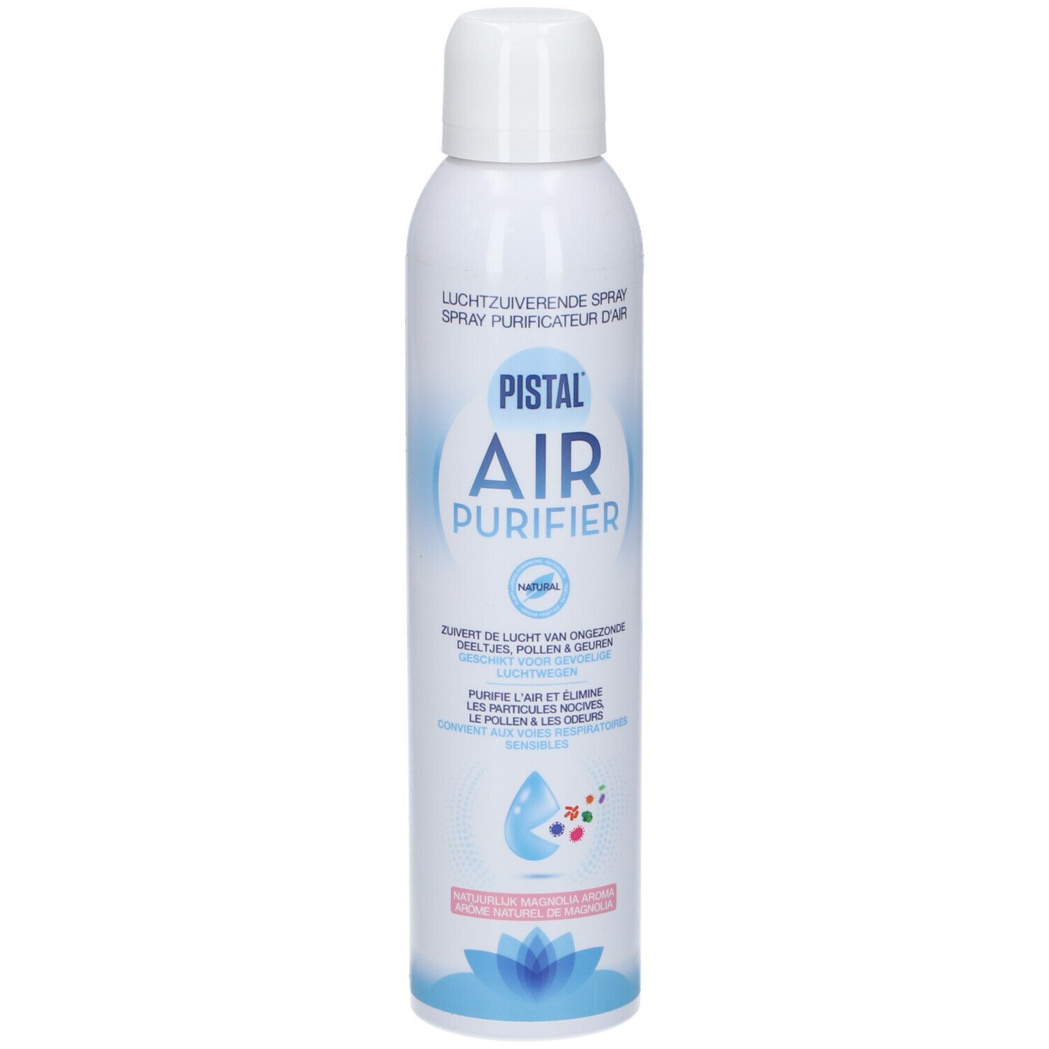 Spray blanc avec étiquette bleue et rose. Inscription : PISTAL AIR PURIFIER. Texte en allemand, néerlandais et français.
