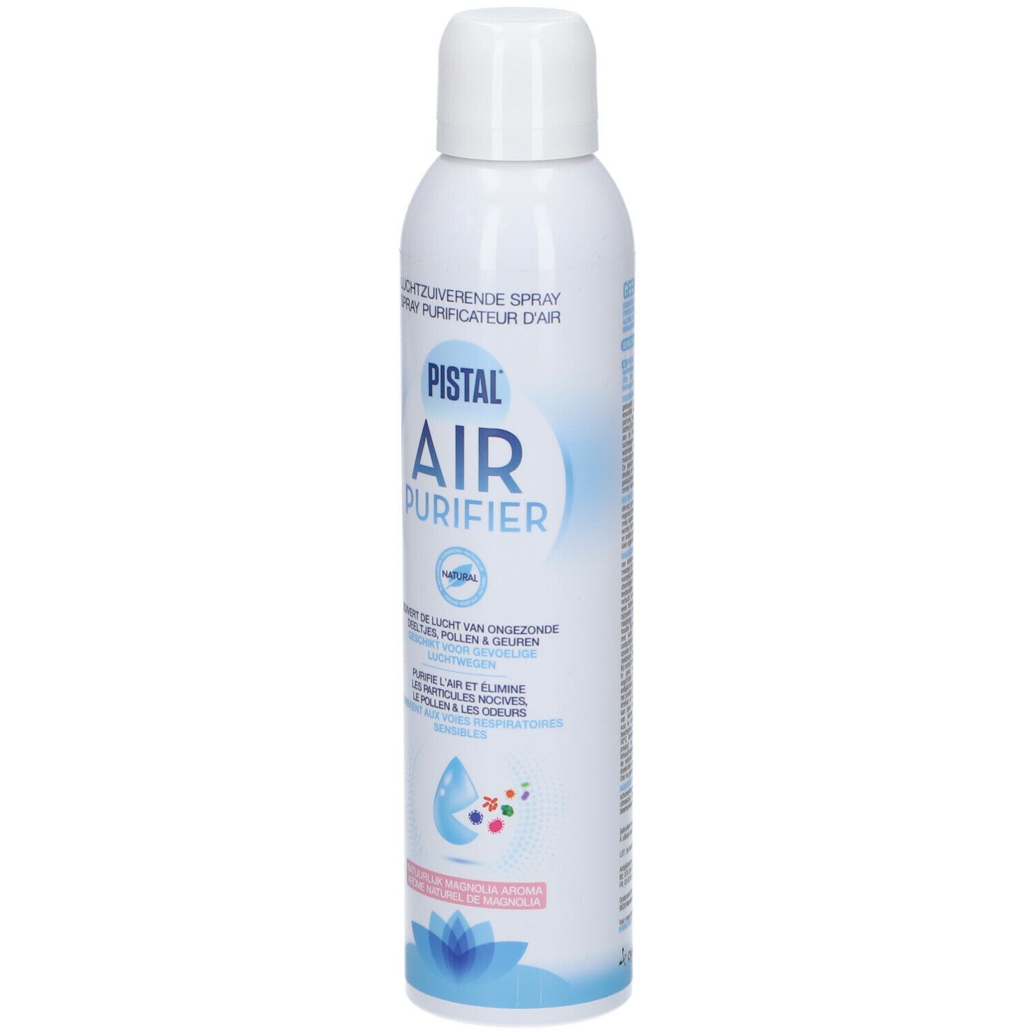 Spray blanc avec étiquette bleue et rose. Inscription : PISTAL AIR PURIFIER. Texte en allemand, néerlandais et français.