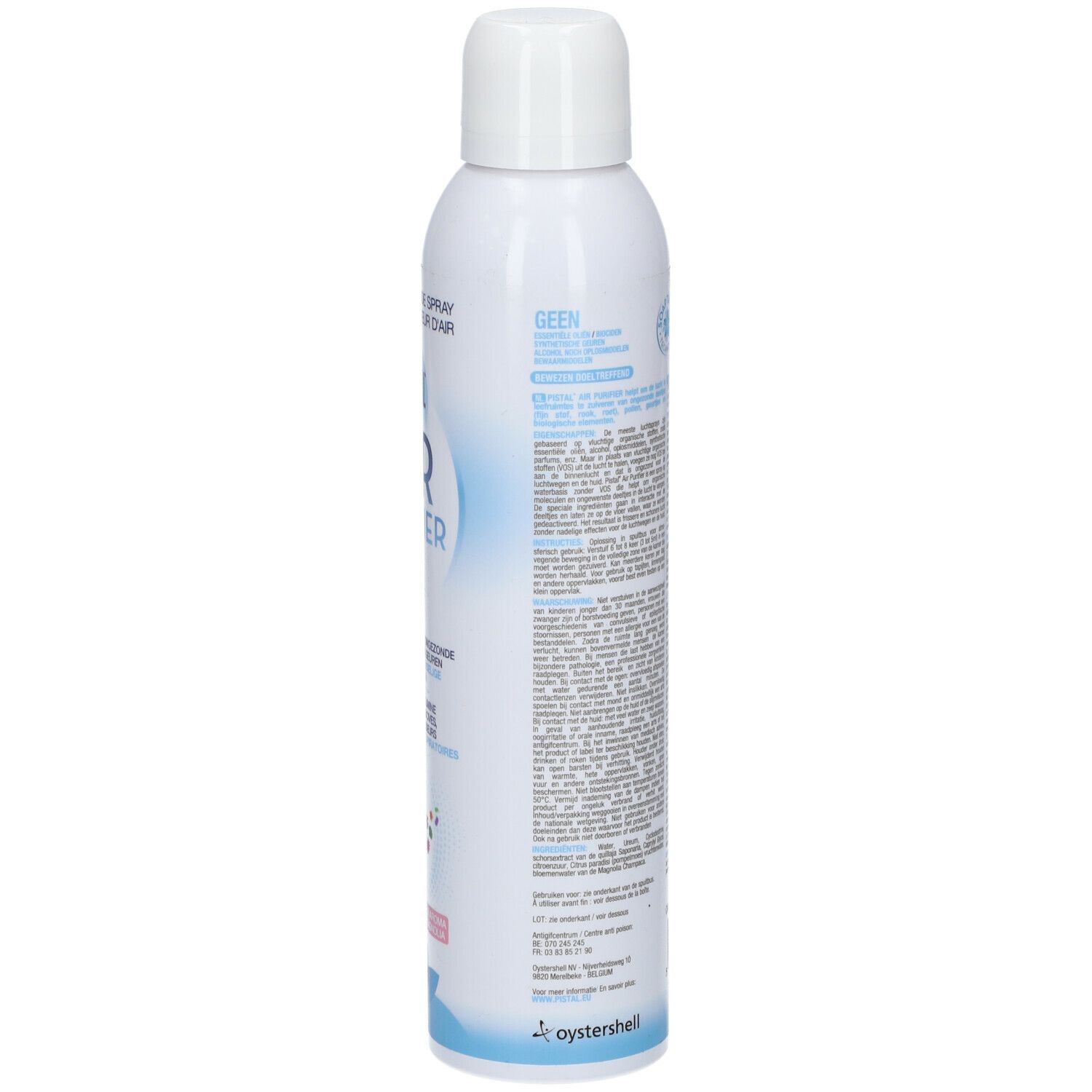 Spray blanc avec texte sur l'étiquette. Inscription : PISTAL AIR PURIFIER. Texte en allemand, néerlandais et français.